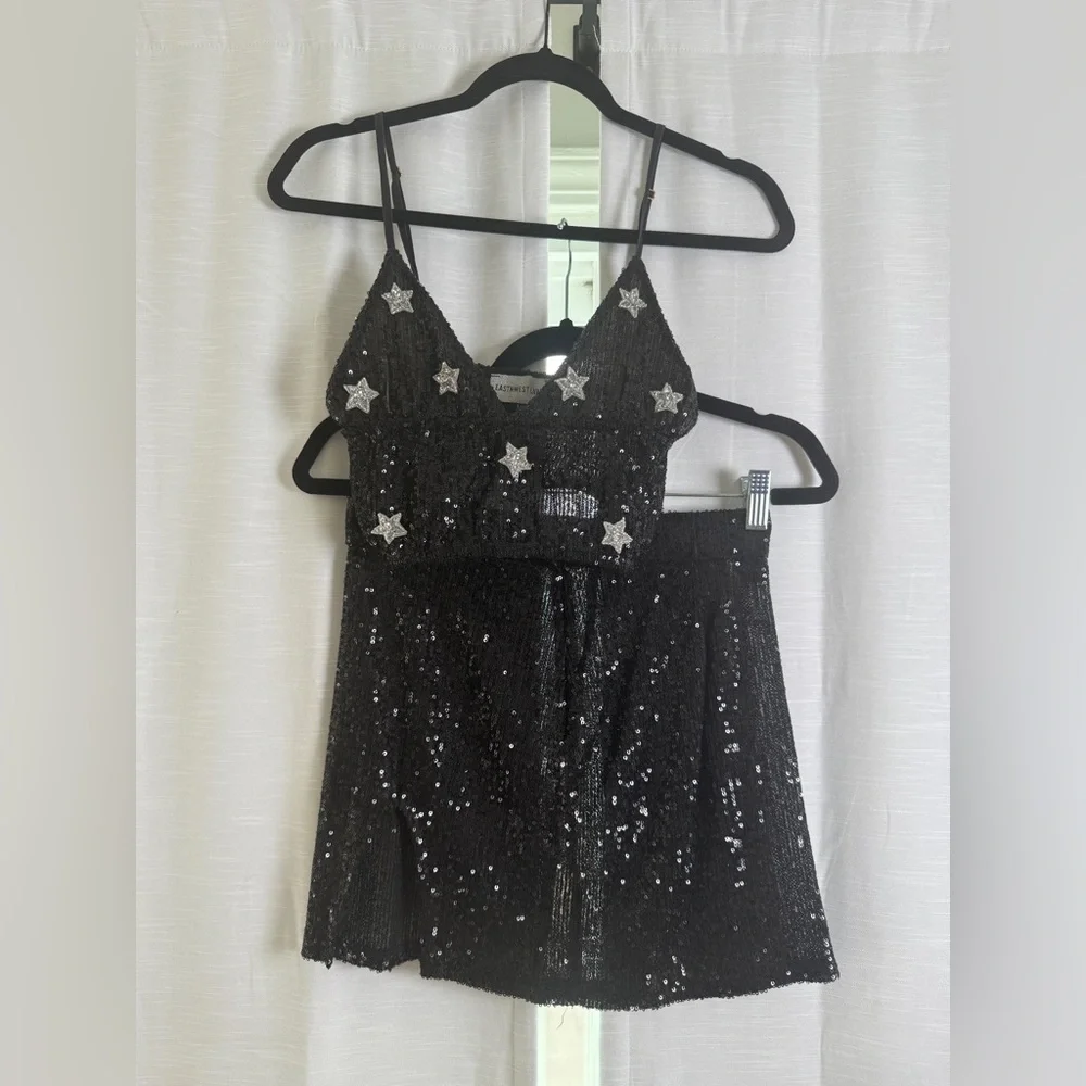East N West Label Black sequin star crop top & mini skirt set festival | Size M - Picture 11 of 17